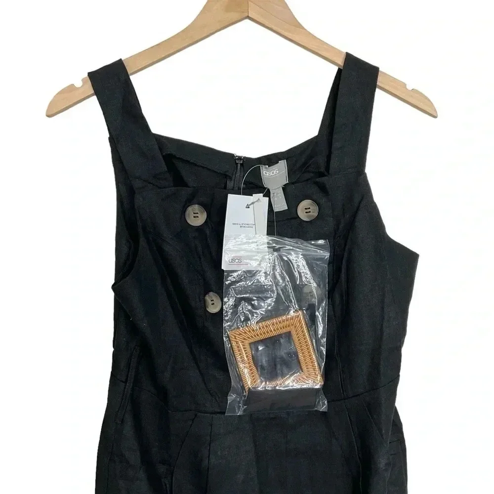 Asos Black Linen Square Neck Dress Size 6 Sleeveless With Belt